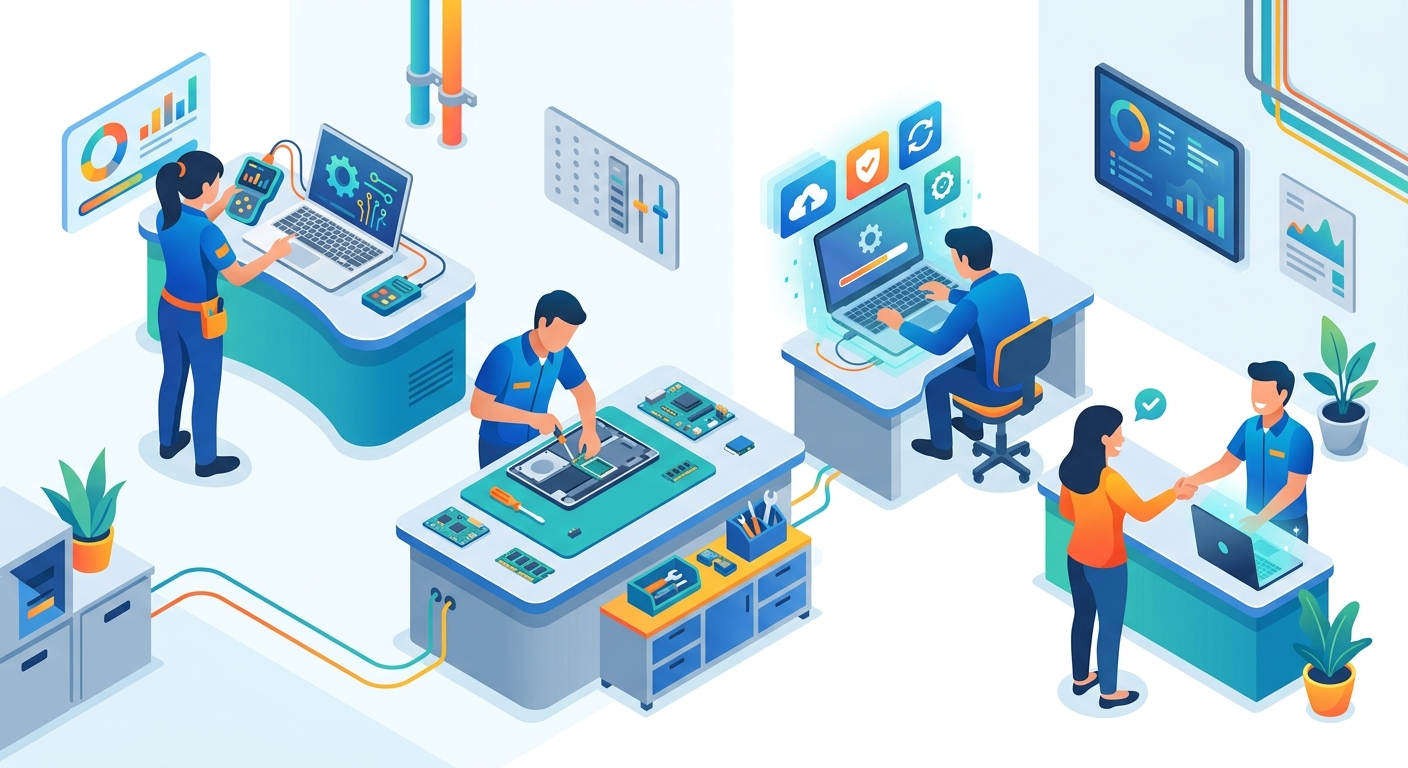 Illustration du processus de dépannage informatique à domicile