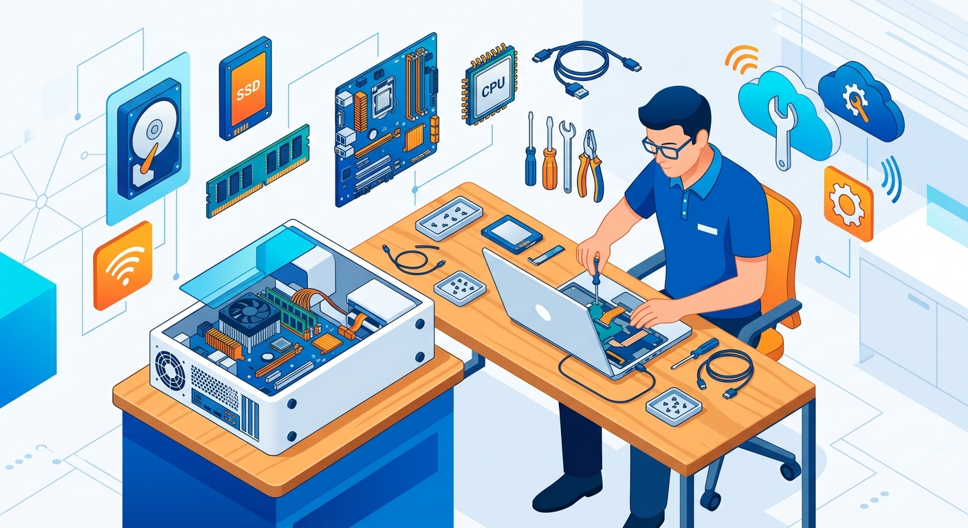 Illustration moderne du service de réparation informatique et dépannage PC