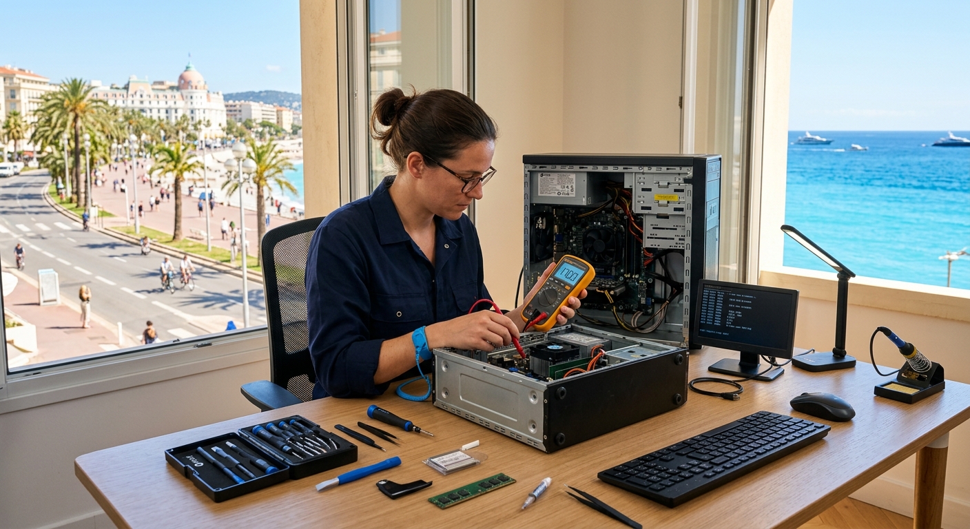 Technicien professionnel en dépannage informatique à Nice avec vue sur la Promenade des Anglais